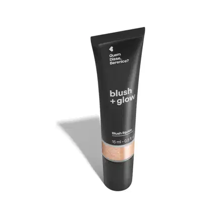 Bisnaga preta de item de maquiagem da marca Blush + Glow Quem disse, Berenice?, com detalhe dourado e texto branco branco no rótulo.