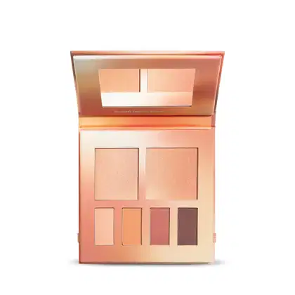 Paleta ee maquiagem multifuncional Nudelele Quem Disse, Berenice? em estojo na cor rosa com espelho na tampa contendo seis cores diferentes de sombras e blushes em tons de nude.
