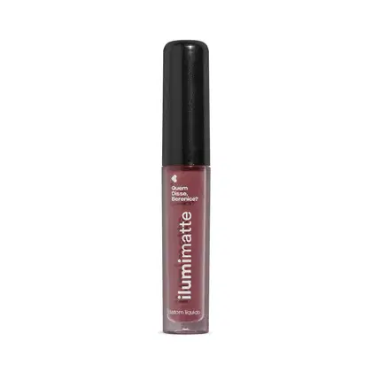 Frasco de 4ml contendo batom líquido rosa Roselumi Ilumimatte da marca Quem Disse, Berenice? em embalagem transparente mostrando o produto na cor rosa, tampa preta e letras brancas.