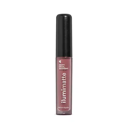 Frasco de 4ml contendo batom líquido rosa Rosalumi Ilumimatte da marca Quem Disse, Berenice? em embalagem transparente mostrando o produto na cor rosa, tampa preta e letras brancas.