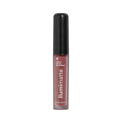 Frasco de 4ml contendo batom líquido nude Begelumi Ilumimatte da marca Quem Disse, Berenice? em embalagem transparente mostrando o produto na cor bege, tampa preta e letras brancas.