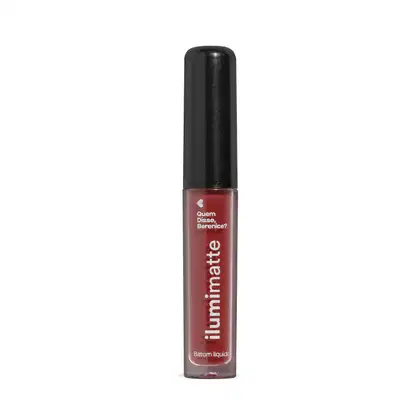 Frasco de 4ml contendo batom líquido vermelho Vermelumi Ilumimatte da marca Quem Disse, Berenice? em embalagem transparente mostrando o produto na cor vermelha, tampa preta e letras brancas.