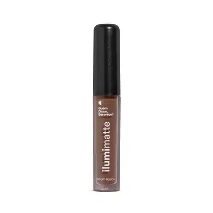 Frasco de 4ml contendo batom líquido marrom Marronlumi Ilumimatte da marca Quem Disse, Berenice? em embalagem transparente mostrando o produto na cor marrom, tampa preta e letras brancas.