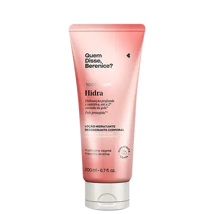 Bisnaga rosa com tampa branca e letras pretas contendo 200ml de loção hidratante desodorante corporal Body+Care Hidra Quem Disse, Berenice?.
