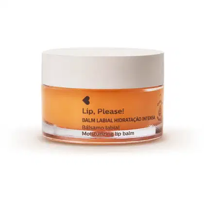 Pote com tampa branca, rótulo laranja e letras pretas de balm labial de hidratação intensa Lip, Please! Quem Disse, Berenice?.