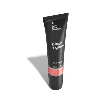 Bisnaga preta de item de maquiagem da marca Blush + Glow Quem disse, Berenice?, com detalhe rosa e texto branco branco no rótulo.