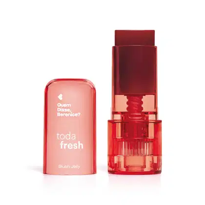 Frasco vermelho com tampa rosa translúcida contendo 5g de blush jelly na cor bordô da marca Toda Fresh Quem Disse, Berenice? .