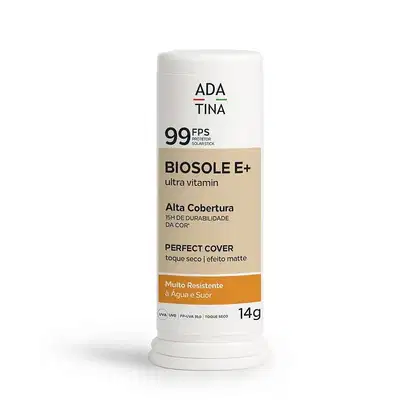Embalagem branca cilíndrica de protetor solar em barra da marca Adatina, com FPS 99 e tecnologia Biosole E+ para alta cobertura e efeito matte. O rótulo destaca a resistência à água e suor.