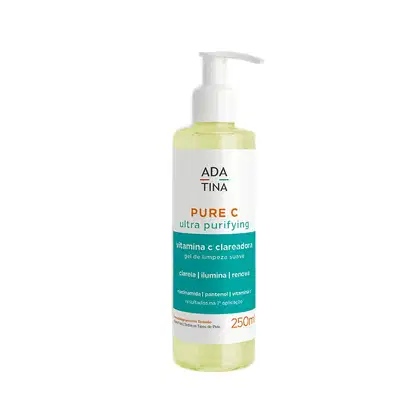 Frasco de gel de limpeza facial da marca Ada Tina, com rótulo indicando "Pure C ultra purifying", contendo 250ml do produto. O frasco possui uma bomba doseadora.