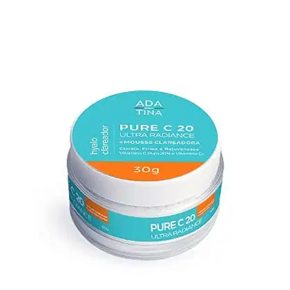 Pote de creme cosmético branco e azul turquesa com rótulo "Ada Tina Pure C 20 Facial Cream". O produto é apresentado em embalagem circular de 30g, com informações sobre seus ingredientes e benefícios.