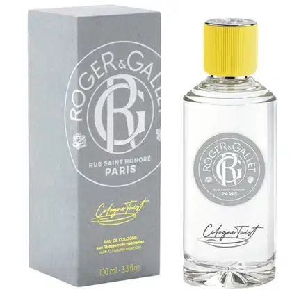 Eau de Cologne Roger & Gallet Colognetwist 100ml. Frasco transparente com tampa amarela, acompanhado de caixa cinza. Rótulo circular prateado com logo da marca. Produto francês de Rue Saint Honoré, Paris.