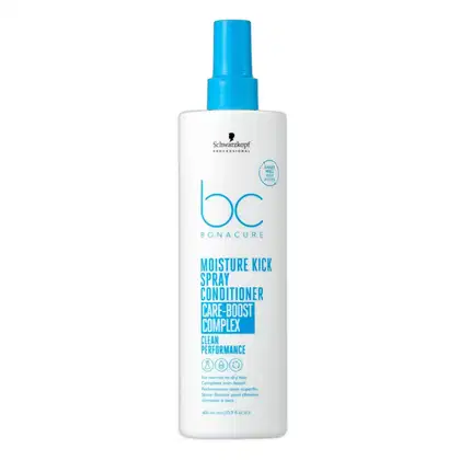Frasco branco com tampa azul da linha Bonacure  Moisture Kick da Schwarzkopf Professional, contendo um spray condicionador de 200ml para cabelos normais a secos, com complexo de cuidados "Care-Boost".