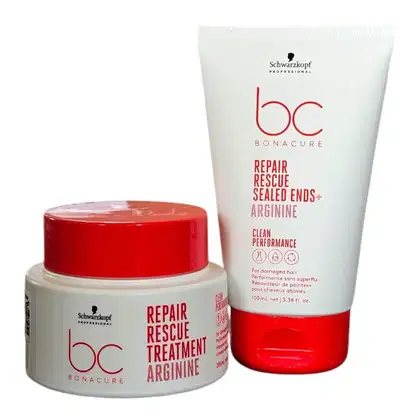 Dois produtos da linha Bonacure da Schwarzkopf Professional: um pote de tratamento de reconstrução Arginine e um tubo de tratamento de pontas seladas Arginine, ambos com embalagens brancas e vermelhas.