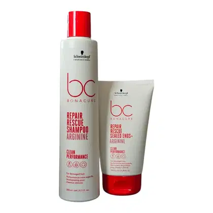 Dois produtos Schwarzkopf Professional da linha Bonacure: um frasco branco e vermelho de Shampoo Repair Rescue Arginine e um tubo vermelho de Repair Rescue Sealed Ends+ Arginine.