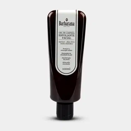 Gel de limpeza esfoliante facial da marca Barbarana. A embalagem é um tubo preto e branco com o nome da marca e as informações sobre o produto destacadas. O tubo contém 100ml de produto e possui uma tampa preta na parte superior.