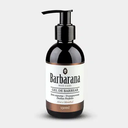 Gel de barbear da marca Barbarana. O frasco possui um dispensador preto na parte superior. O produto é descrito como sem espuma, transparente e com um acabamento perfeito, contendo aloe e mentol em sua composição.