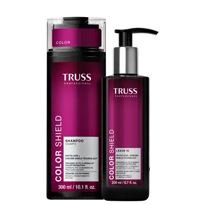 Embalagem e frasco de item da marca TRUSS, com textos "TRUSS PROFESSIONAL", "COLOR SHIELD", "SHAMPOO" e "LEAVE IN" em fundo rosa escuro.