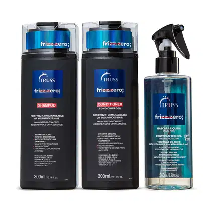 São três produtos da marca TRUSS, linha Frizz Zero. Um shampoo e um condicionador, em embalagens pretas de 300ml, com detalhes em azul. E uma máscara líquida em frasco transparente de 260ml, com líquido azul-esverdeado e detalhes em azul e preto.