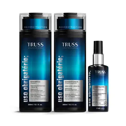 A imagem mostra 3 produtos da linha Uso Obrigatório: shampoo e condicionador de 300ml e óleo de 60ml. Todos possuem embalagem preta com detalhes em azul escuro no rótulo.