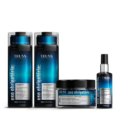 A imagem mostra shampoo e condicionador TRUSS Uso Obrigatório de 300ml cada. Também há um pote de máscara capilar e óleo reconstrutor. Embalagens em tons de azul, preto e prata.