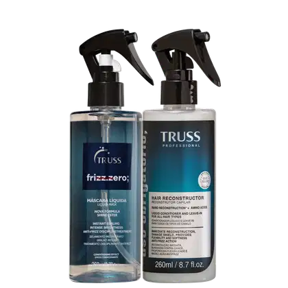 Dois produtos da marca TRUSS: Máscara Líquida Frizz Zer, um frasco transparente com um líquido azul-esverdeado e o spray Uso Obrigatório com embalagem azul com detalhes em preto e prata.