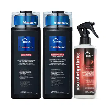 Conjunto de produtos da marca TRUSS: inclui shampoo e condicionador Frizz Zero de 300ml cada, e tratamento reconstrutor  "Uso Obrigatório Summer" 260ml