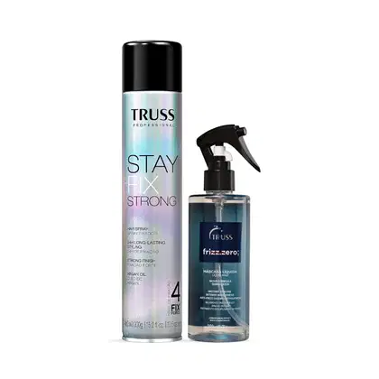 Dois produtos da marca Truss: um frasco de spray fixador de cabelo "Stay Fix Strong" e um frasco de tratamento anti-frizz "Frizz.zero", ambos em embalagens pretas e azuis com detalhes em branco.