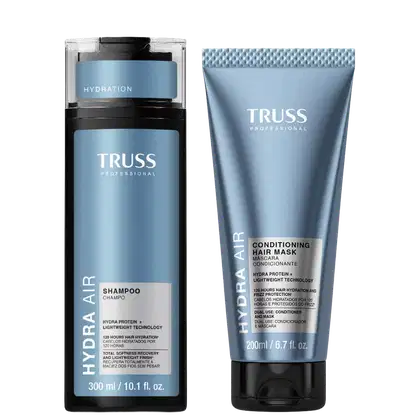 O produto de beleza da marca TRUSS consiste em um frasco de shampoo de 300 ml e um tubo de máscara condicionadora de 200 ml, ambos em tons de azul e cinza com o logotipo da marca.