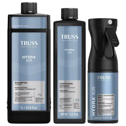 Produtos da linha Truss Professional: shampoo Hydra Air, máscara condicionadora Hydra Air e bruma hidratante diária Hydra Air, em embalagens pretas e azuis com detalhes em texto e gráficos.