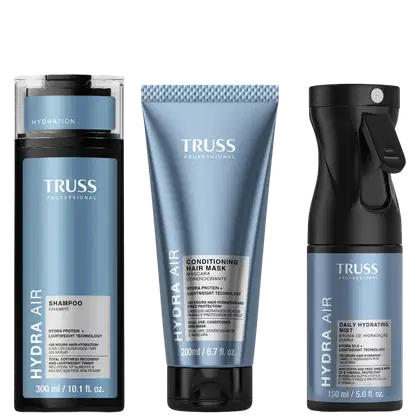 Três produtos da marca TRUSS Professional: shampoo, máscara condicionadora e spray hidratante, em embalagens pretas e azuis com detalhes em branco, exibindo o nome da marca e informações sobre os benefícios dos produtos.