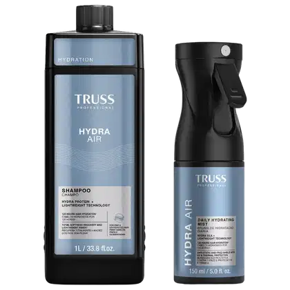 O produto de beleza da marca TRUSS consiste em um frasco de shampoo Hydra Air de 1 litro e um frasco de spray hidratante diário de 150 ml, ambos em embalagens pretas e azuis com o logotipo da marca.