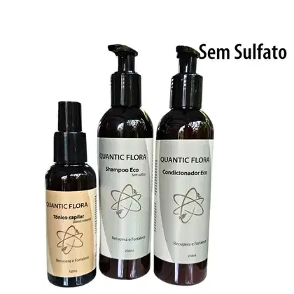 Kit com shampoo, condicionador e tônico capilar da marca Quantic Flora.
