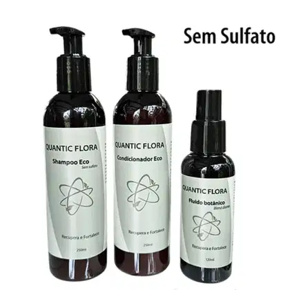 Kit com shampoo, condicionador e fluido capilar da marca Quantic Flora.