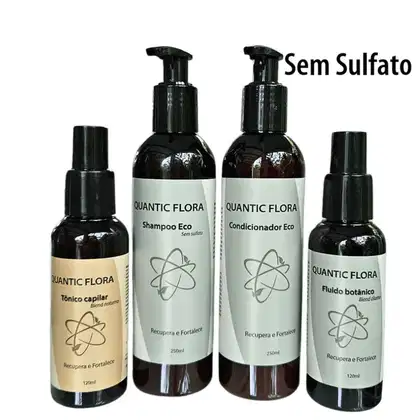 Kit com shampoo, condicionador, fluido capilar e tônico capilar da marca Quantic Flora.
