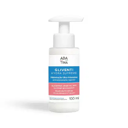 Frasco branco com bomba doseadora contendo produto de hidratação intensiva da marca Ada Tina, chamado Gliventi Hydra Supreme, com 100 ml de volume e informações sobre sua formulação com glicerina vegetal 30%.