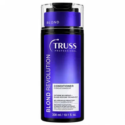 Frasco de condicionador profissional da marca Truss, na cor roxa, com rótulo destacando a tecnologia de restauração de cabelos loiros.