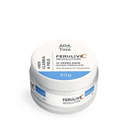 Frasco branco com rótulo da marca Adatina, contendo o produto Ferulive Revolution, que promete 10 vezes mais ácido ferúlico. O produto é apresentado em embalagem de 30g e destaca-se a informação "Pure Vitamin C + E + Ferulic Acid".