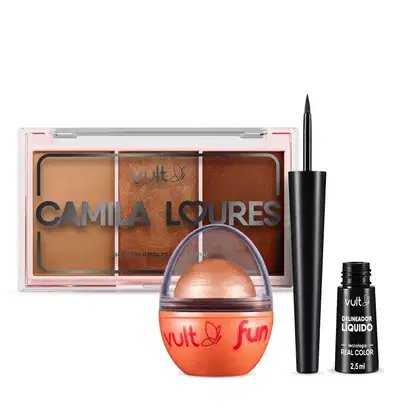 Imagem do produto Combo Vult Make: Paleta de Rosto Multifuncional Camila Loures 15,5g + Iluminador 3 em 1 Vult Fun Rosé Iluminada 6,5g + Delineador Líquido Preto 2,5ml