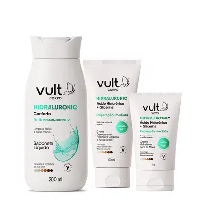 Imagem do produto Combo Vult Corpo Hidraluronic: Sabonete Líquido Antiressecamento 200ml + Creme para Mãos Reparação Imediata 50g + Creme Corporal Áreas Secas Reparação Imediata 150ml