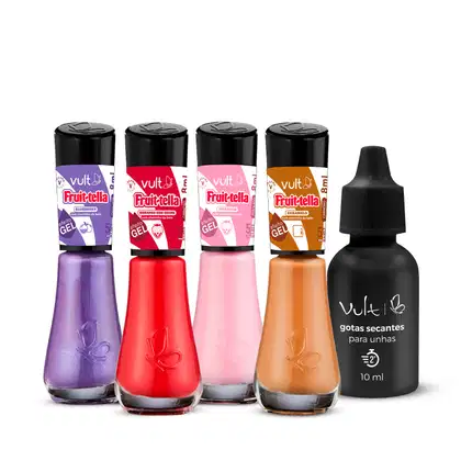 A imagem mostra um kit com 4 frascos de esmaltes, todos em vidro transparente, ao lado de uma embalagem plástica, preta, tipo conta gotas de secante para as unhas.