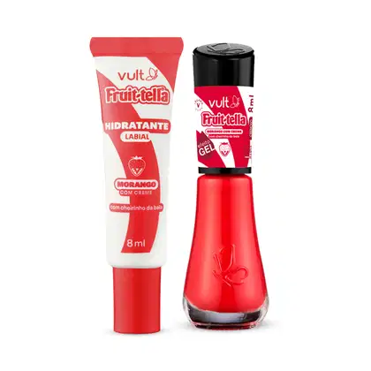 A imagem mostra um kit com um hidratante labial da marca Vult, com embalagem tubular, tipo bisnaga, vermelha e branca e um vidro de esmalte, cilíndrico com o produto avermelhado visível através da embalagem transparente. A tampa é preta.