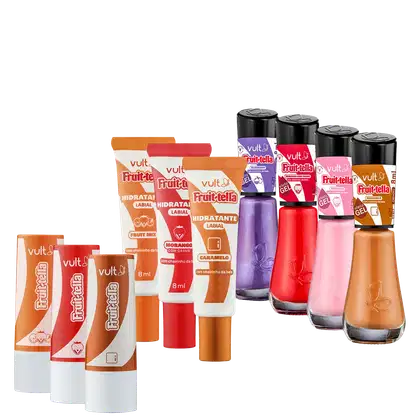 A imagem mostra uma variedade de produtos da marca Vult. Há 4 esmaltes em cores vermelha, roxa, rosa e caramelo. Também há tubos de balm labial e hidratante labial nas cores caramelo, vermelha e rosa.
