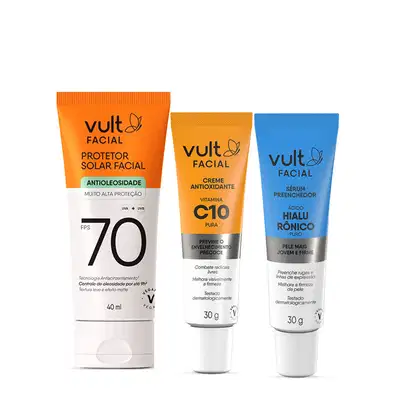 Imagem do produto Combo Vult Facial: Protetor Solar FPS 70 40ml + Creme Antioxidante Vitamina C 10% 30g + Sérum Facial Ácido Hialurônico Puro 30g