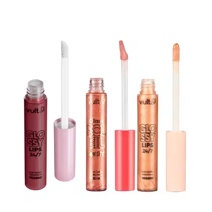 Combo Gloss Labial: Bronze Glossy Lips 5,2ml + Pérola Cintilante Glossy Lips 5,2ml + Praiana Soleil Sunset 5,2ml