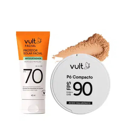 Imagem do produto Combo Vult Proteção Facial: Protetor Solar Facial FPS 70 40ml + Pó Compacto Facial Médio Claro FPS 90 6g