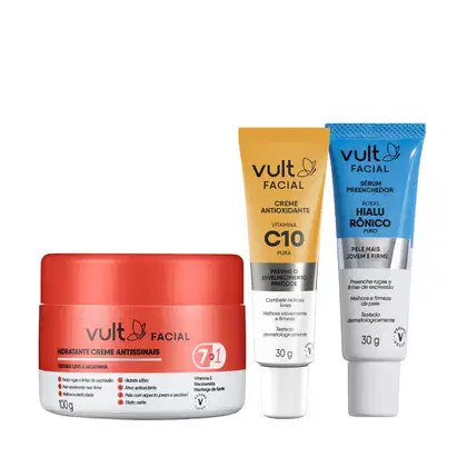 Imagem do produto Combo Vult Skincare Facial: Sérum Preenchedor Ácido Hialurônico 30g + Creme Antioxidante Vitamina C 10% 30g + Creme Antissinais 7 em 1 100g
