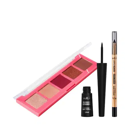 Paleta de sombras em tons quentes, lápis delineador líquido e lápis de olho em embalagens pretas e rosa da marca Vult. O conjunto inclui uma variedade de cores como marrom, dourado e vermelho.