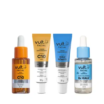 Produtos faciais da marca Vult, incluindo sérum antioxidante de vitamina C10, creme antioxidante de vitamina C10, sérum preenchedor de ácido hialurônico e sérum preenchedor de ácido hialurônico. Embalagens em cores laranja, azul e branca.