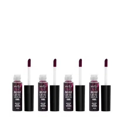 Quatro frascos de gel tintado Agua Tint da marca Vult, com embalagem preta e rótulo roxo, contendo 5,5 ml de produto cada.