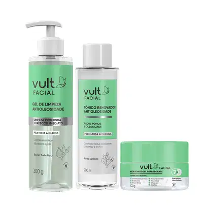 Produtos faciais da marca Vult: gel de limpeza antioleoside, tônico renovador antioleoside e hidratante gel refrescante, em embalagens plásticas e frascos com rótulos verdes e brancos.